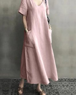 Cotton Short Sleeve V-neck Side Pocket Solid Midi Dress