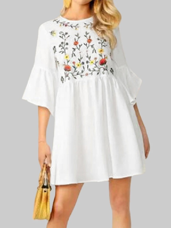 Flower Embroidery Flounce Sleeves Bohemian Mini Shirt Dress - Power Day ...