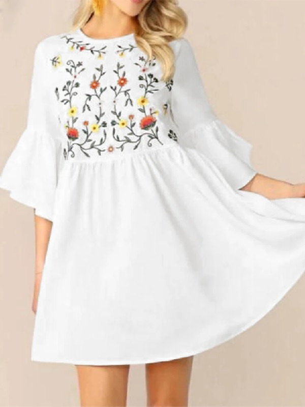 Flower Embroidery Flounce Sleeves Bohemian Mini Shirt Dress - Power Day ...