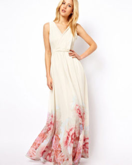 Maxi Dress Boho Chiffon V Neck Sleeveless Floral Printed Pleated Long Dress