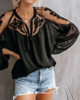 Oversized Blouse Jewel Neck Strappy Long Sleeves Tops