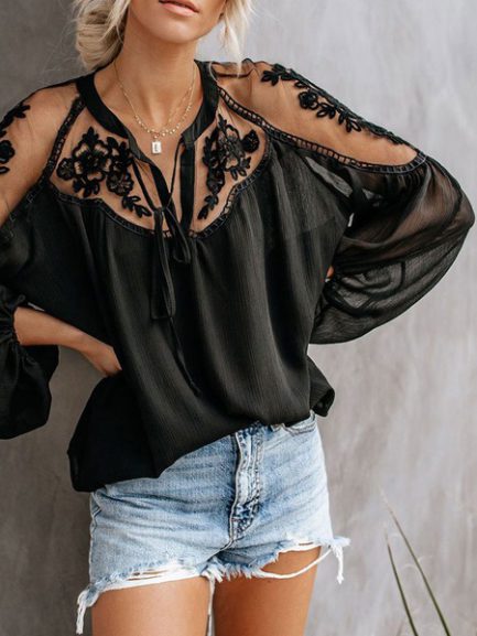 Oversized Blouse Jewel Neck Strappy Long Sleeves Tops - Power Day Sale