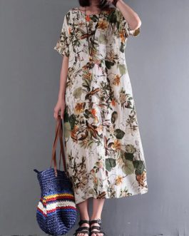 Retro Short Sleeve Cotton Floral Maxi Dress