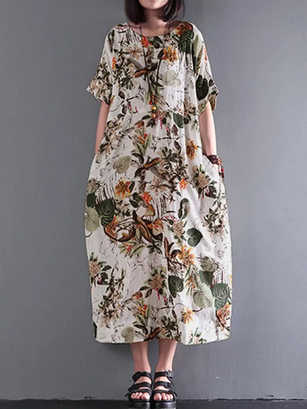 Retro Short Sleeve Cotton Floral Maxi Dress - Power Day Sale