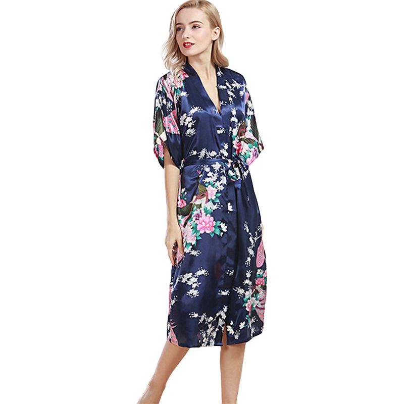 Sexy Fashion Peacock Print Loose Pattern Silk Pajamas Robe