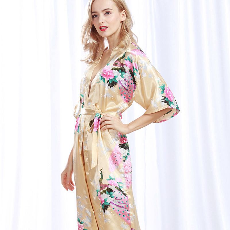 Sexy Fashion Peacock Print Loose Pattern Silk Pajamas Robe - Power Day Sale