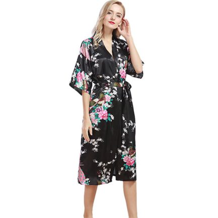 Sexy Fashion Peacock Print Loose Pattern Silk Pajamas Robe - Power Day Sale