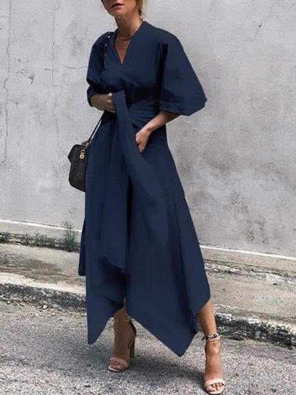 Sleeve Asymmetrical Midi Shirt Casual Belted Long Dress - Power Day Sale