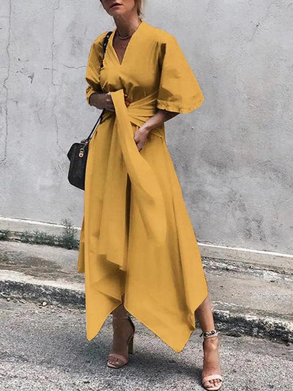 Sleeve Asymmetrical Midi Shirt Casual Belted Long Dress - Power Day Sale