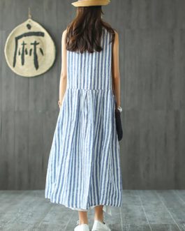 Sleeveless Striped V-neck Sundress Retro Long Maxi Dress