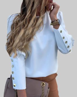 Solid Color Back Button Long Sleeve Causal Blouse