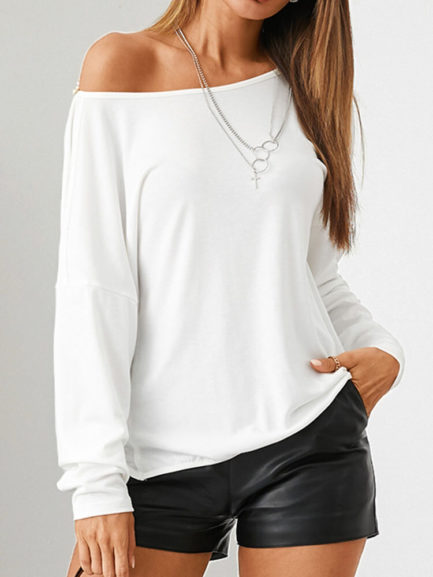 Solid Color Backless O-neck Long Sleeve Casual T-Shirt - Power Day Sale