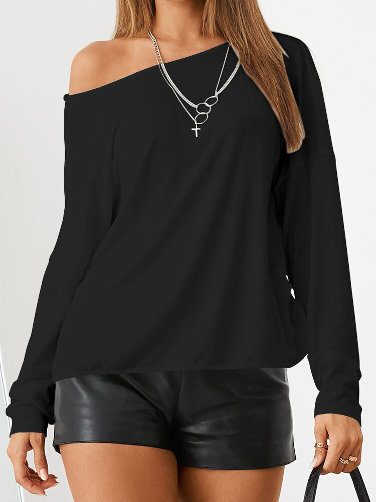 Solid Color Backless O-neck Long Sleeve Casual T-Shirt - Power Day Sale