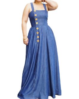 Solid Color Straps Button Sleeveless Denim Long Maxi Dress