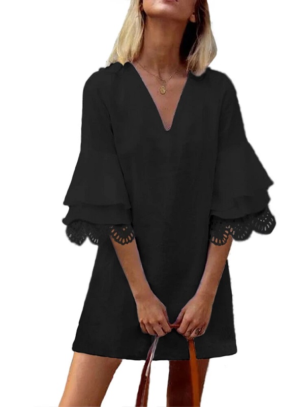 Solid Lace Ruffle V-neck Half Sleeve V-neck Casual Dress - Power Day Sale