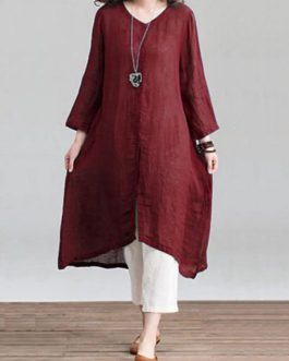 Solid Loose Round Neck Button Down Front Dress
