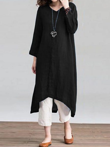 Solid Loose Round Neck Button Down Front Dress - Power Day Sale