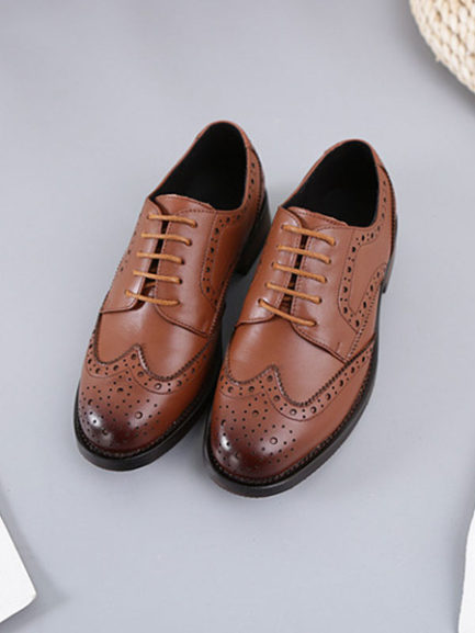 Trendy Oxfords Round Toe Cowhide Lace Up Puppy Heel Casual Leather ...