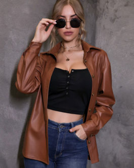 Turndown Collar Front Button Casual Short Leather Jacket