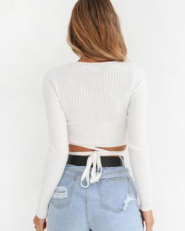 Crop Top Long Sleeve V Neck Strappy T Shirt