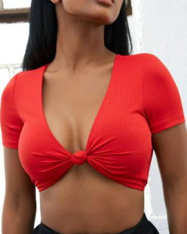 Sexy Crop Top Short Sleeve Plunging Twisted Top
