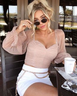 Sexy Tops Polyester Long Puff Sleeve Blouse Square Neck Polka Dot Sweetheart Neckline Ruched Blouse