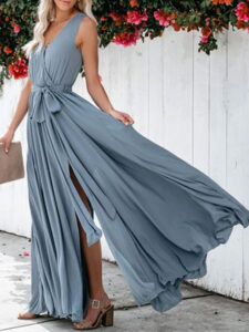 Sleeveless Blue V Neck Split Maxi Dress - Power Day Sale