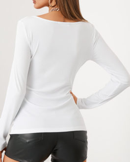 Solid Color V-neck Long Sleeve Casual T-Shirt