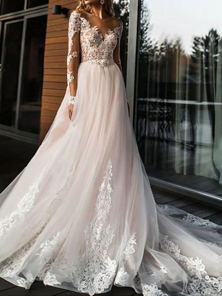 Wedding dresses a line v neck long sleeve lace applique tulle bridal ...