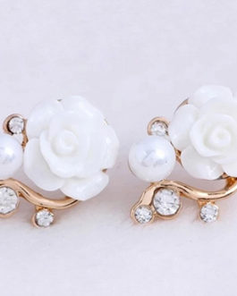 18K Gold Plated Stud Earrings Rose Shaped Artificial Pearl and Diamond