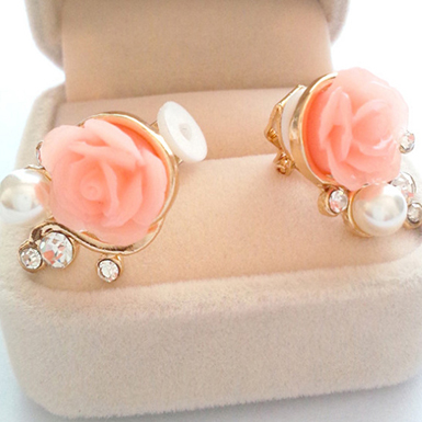 18K Gold Plated Stud Earrings Rose Shaped Artificial Pearl and Diamond