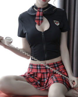 Sexy School Girl Costume Cut Out Top With Plaid Mini Skirt
