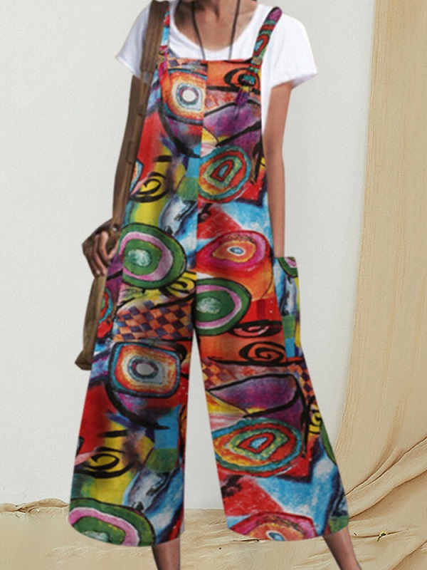 Bohemian Printed Buttons Side Pockets Straps Sleeveless Jumpsuits