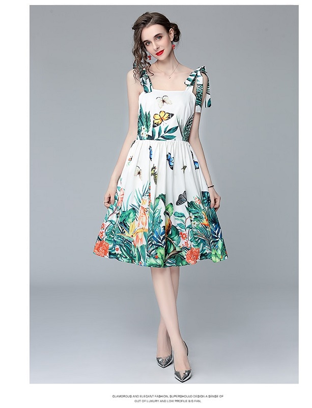 Bow Leaf Butterfly Flower Printed Beach Sundress Backless Vestidos