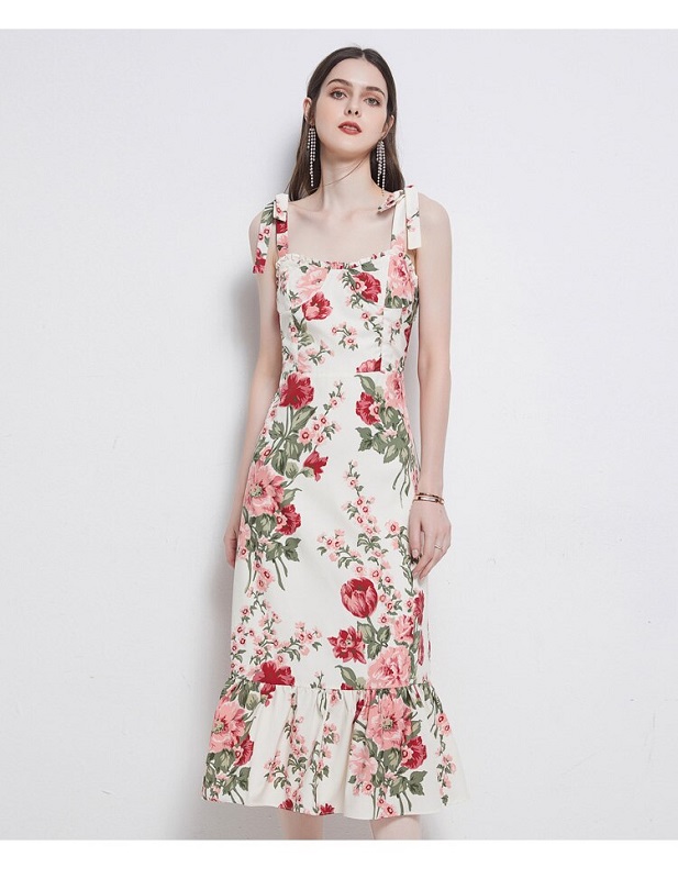 Bow Tie Print Floral Dress Sexy Strapless Backless High-Waist Ruffles Dress