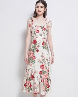 Bow Tie Print Floral Dress Sexy Strapless Backless High-Waist Ruffles Dress