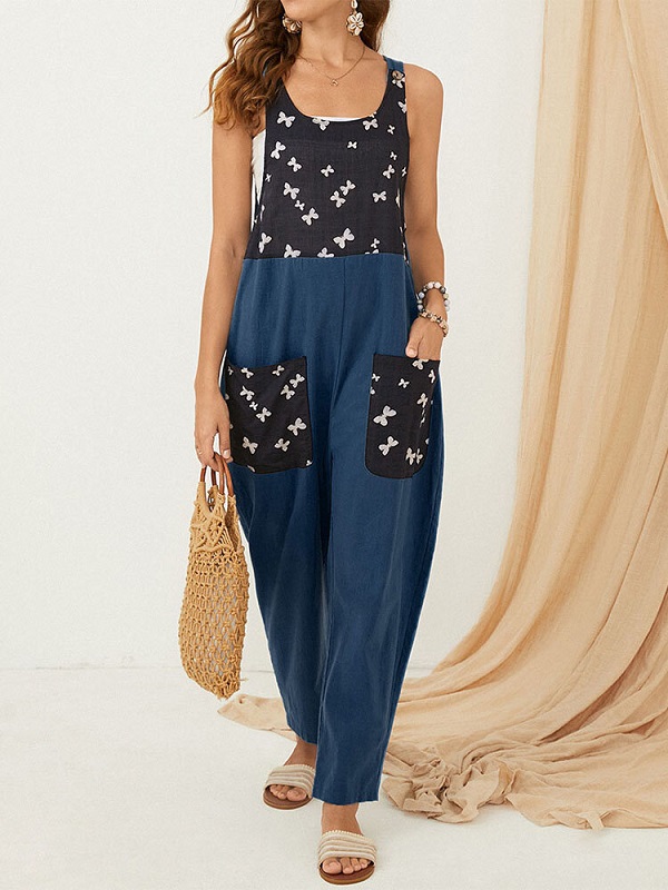 Butterfly Print Patchwork Pocket Front Button Strap Casual Jumpsuit
