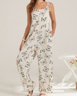 Butterfly Print V-neck Knotted Strap Casual Jumpsuit with Pocket