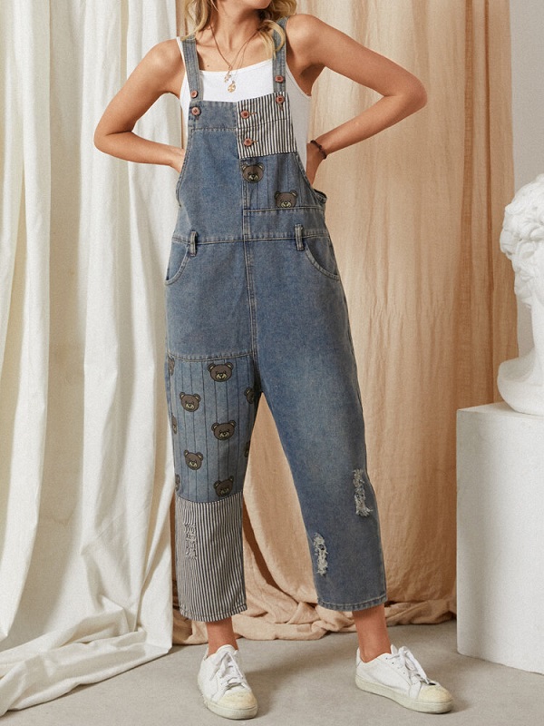Cartoon Striped Print Ripped Denim Patchwork Button Pocket Strap Casual Jumpsuit