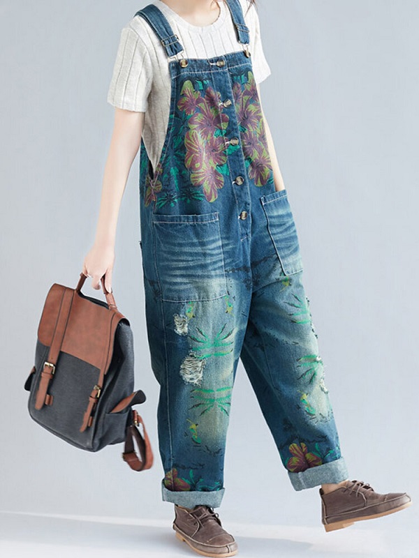 Casual Print Floral Pockets Sleeveless Overall Denim Jumpsuit