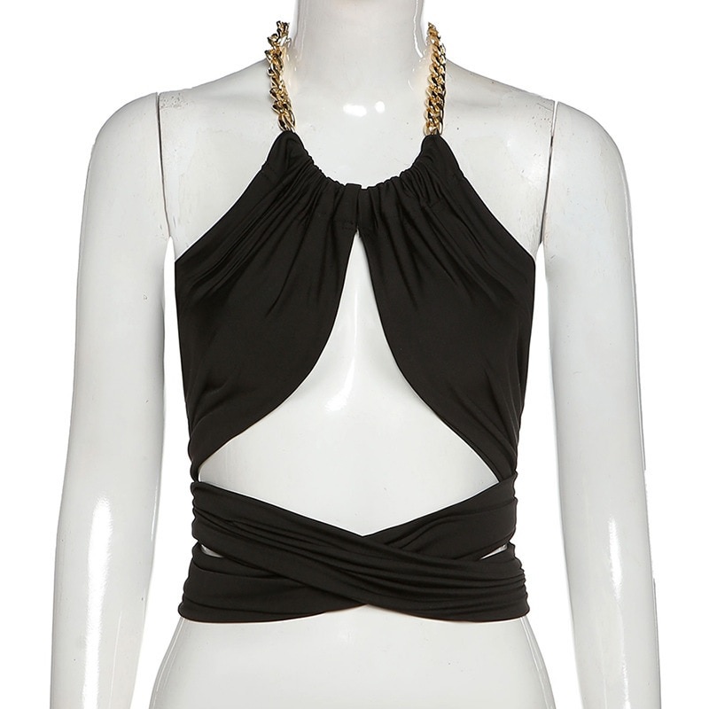 Chain Halter Neck Hollow Out Sexy Crop Tops - Power Day Sale