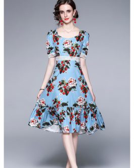 Cherry Flower Print Puff Short Sleeve Dress High Waist Lace Midi Vestidos