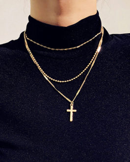Combination Chain Braid and Sleek Gold Necklaces Cross Charm