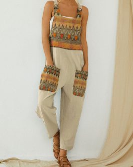 Contrast Ethnic Pattern Print Button Strap Jumpsuit With Pocket
