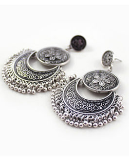 Double Medallions Half Moon with Beaded Edge Bohemian Style Pierced Earrings