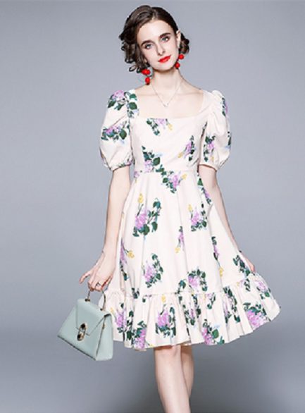 Elegant Floral Printed Midi Fairy Dress - Power Day Sale