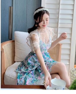 Elegant Patchwork Lace Mesh Embroidery Dress 2021 Lotus Leaf Sleeve Sexy Hollow Out Layer Tiered Mini Dress