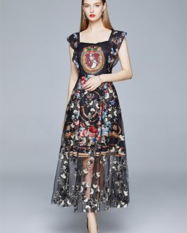 Elegant Print Flower Embroidery Patchwork Party Dress Butterfly Sleeve Long Dress Vintage Chic Mesh Dresses vestido
