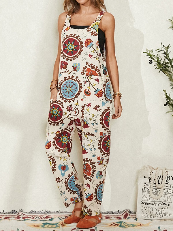 Ethnic Print Pocket Long Sleeveless Casual Jumpsuit