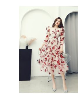 Fashion Designer Party Midi Dress Long Sleeve Mesh A-Line Dresses vestidos